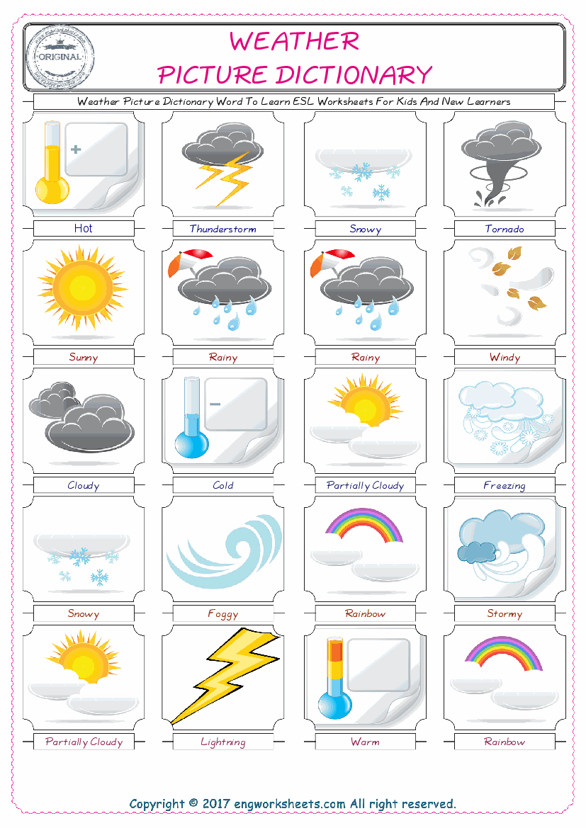 Weather English Worksheet for Kids ESL Printable Picture Dictionary 